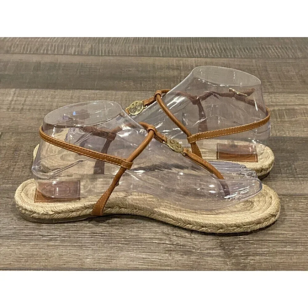 Tory Burch Brown Leather Emmy Flat Espadrilles Thong Sandals Size 8B Womens